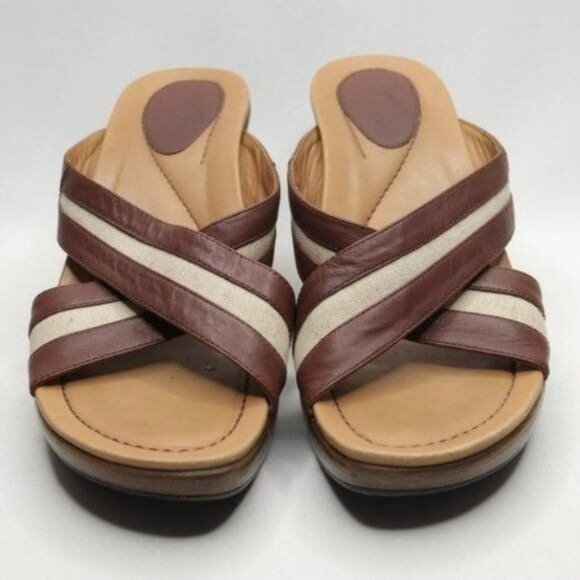 Dansko Neeci Women's Size 40 Brown & Cream Leather Wedge Slide Sandals - Picture 2 of 11